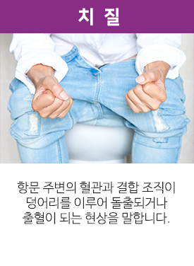 치질. 항문 주변의 혈관과 결합 조직이 덩어리를 이루어 돌출되거나 출혈이 되는 현상을 말합니다.